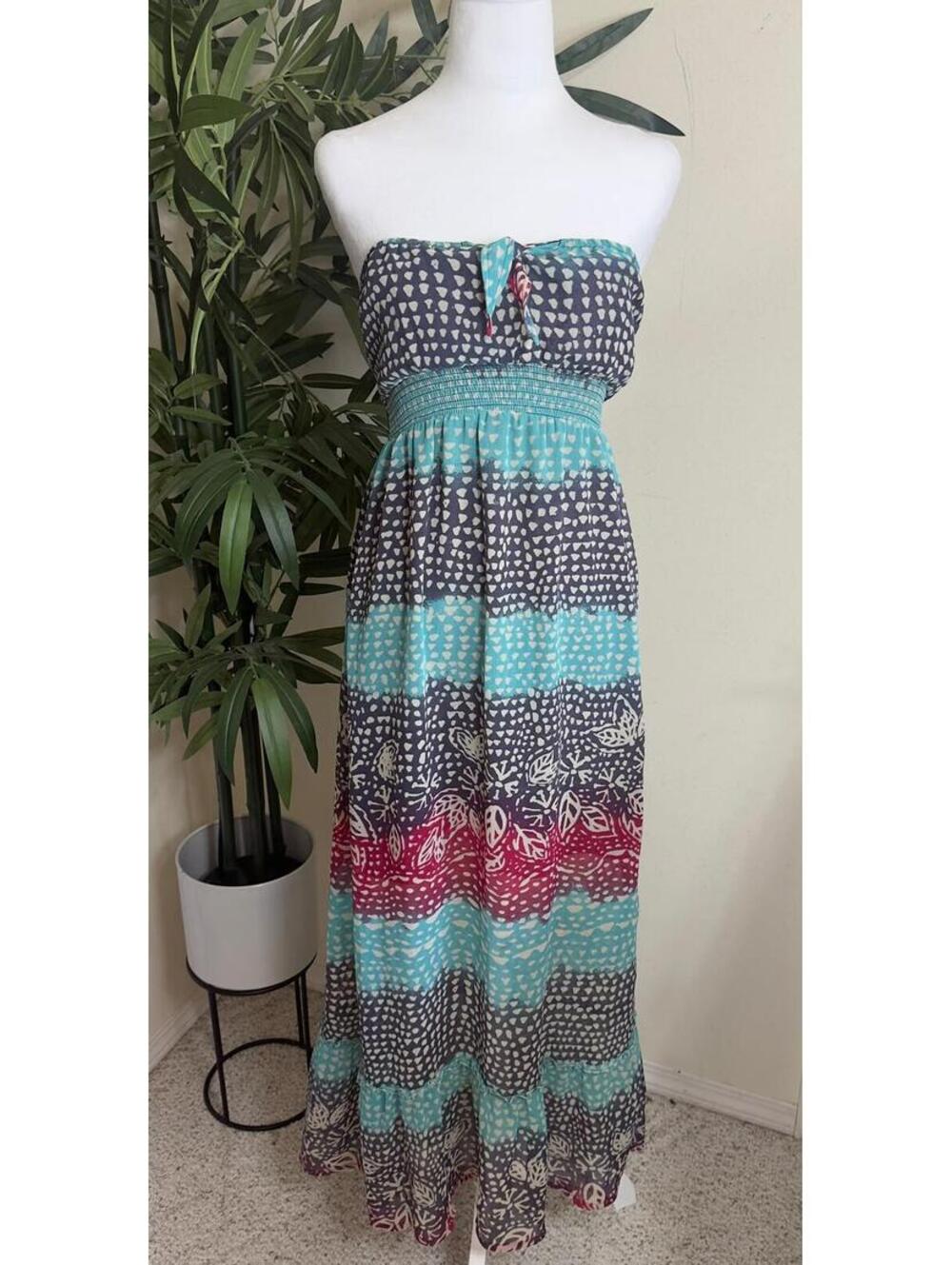 ROXY Strapless Maxi Sleeveless Dress Striped Floral Pink Teal Black Size S